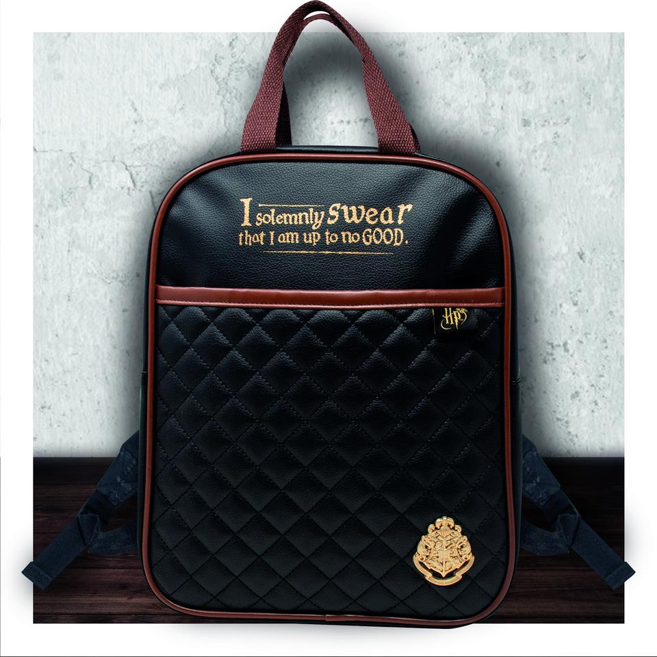 HARRY POTTER HOGWARTS QUILTED SCHOOL BAG / BACKPACK BLACK & TAN